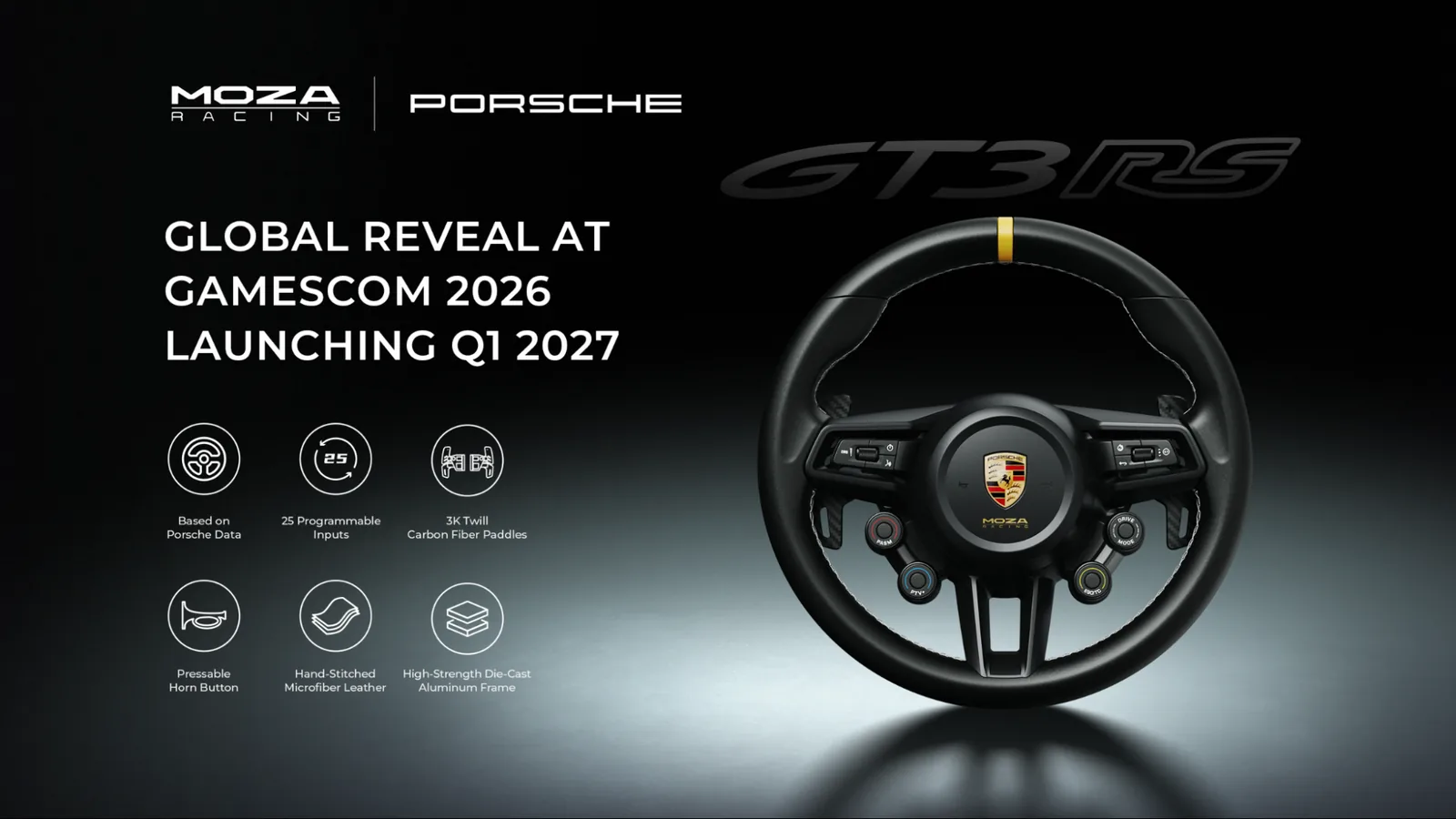MOZA expands its licensed line-up: Porsche 911 GT3 RS and Ford Mustang GTD wheels, plus the PHF haptic module